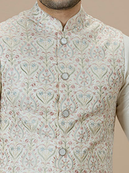 Cream Embroidered Kurta Pajama with Koti | TULA