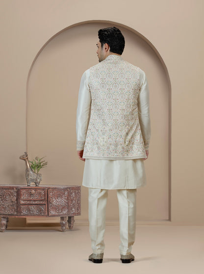 Cream Embroidered Kurta Pajama with Koti | TULA