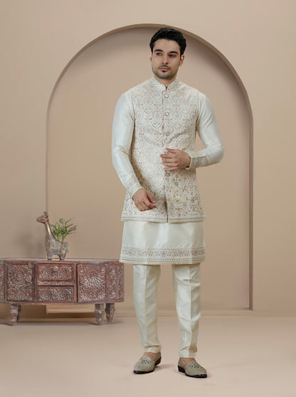 Cream Embroidered Kurta Pajama with Koti | TULA