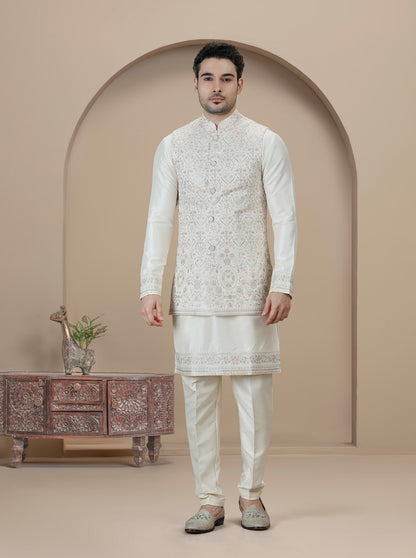 Cream Embroidered Kurta Pajama with Koti | TULA