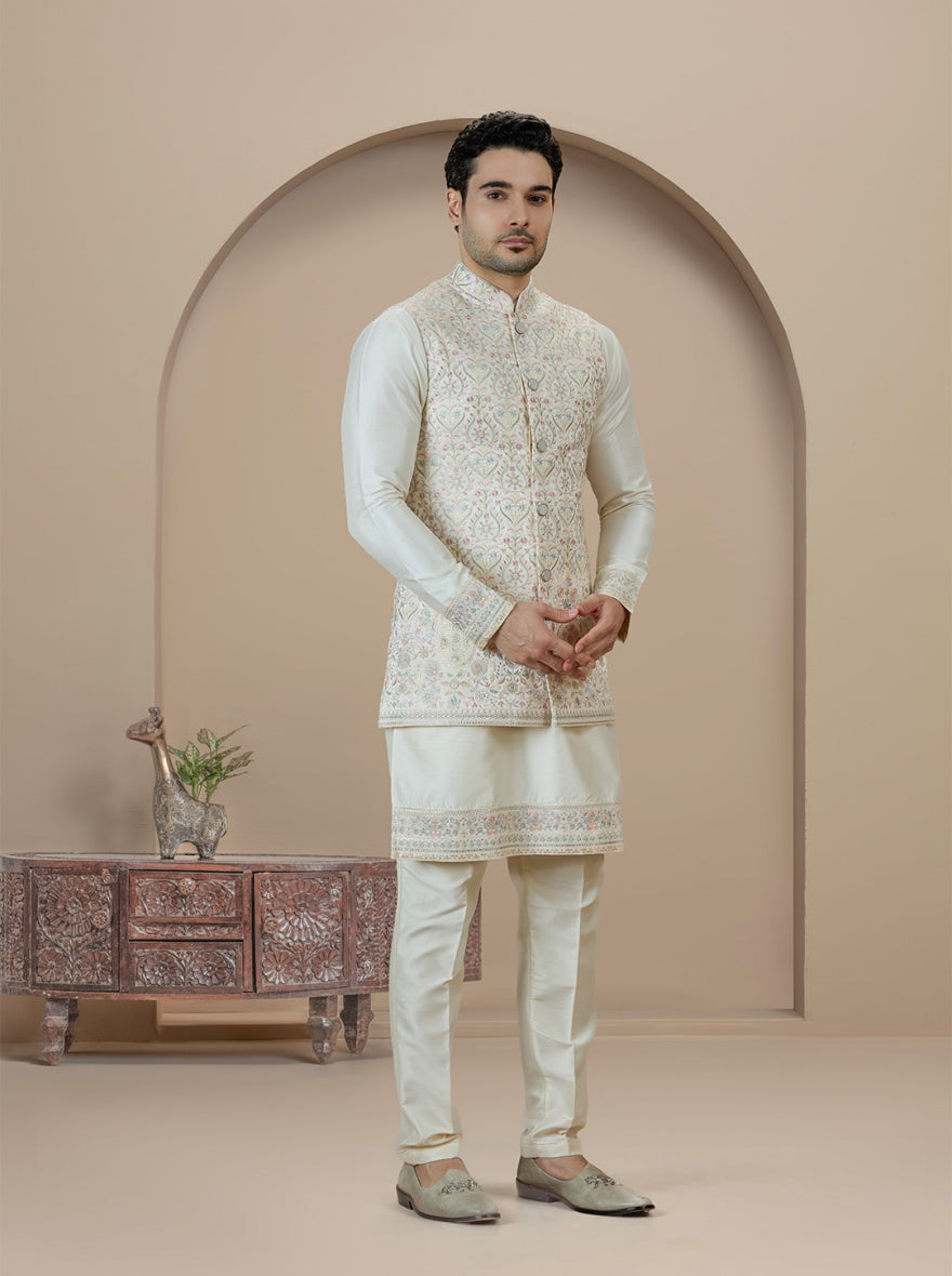 Cream Embroidered Kurta Pajama with Koti | TULA
