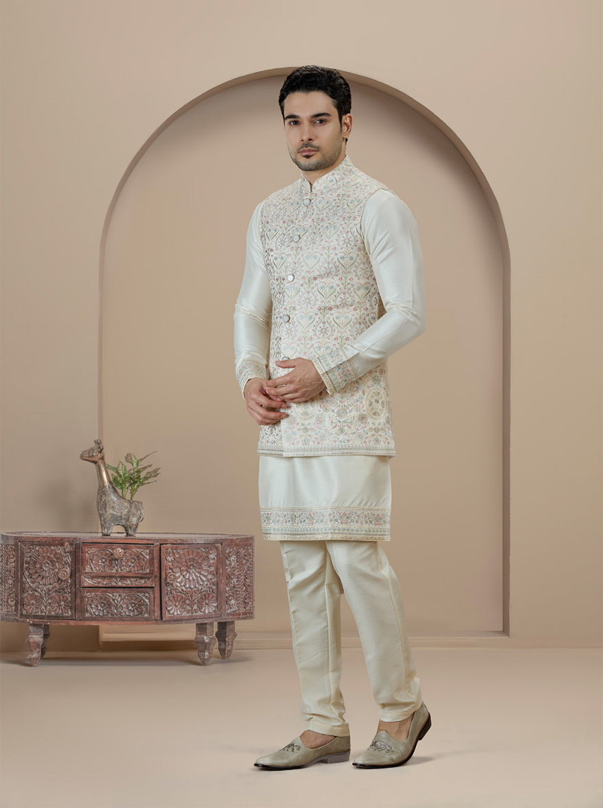 Cream Embroidered Kurta Pajama with Koti | TULA
