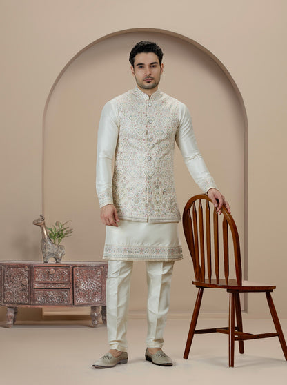Cream Embroidered Kurta Pajama with Koti | TULA