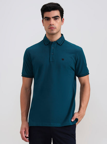 Teal Green Solid Slim Fit Polo T-Shirt | JadeBlue
