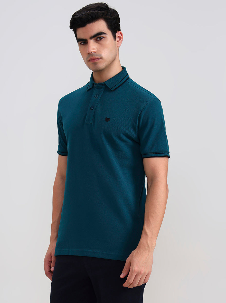 Teal Green Solid Slim Fit Polo T-Shirt | JadeBlue