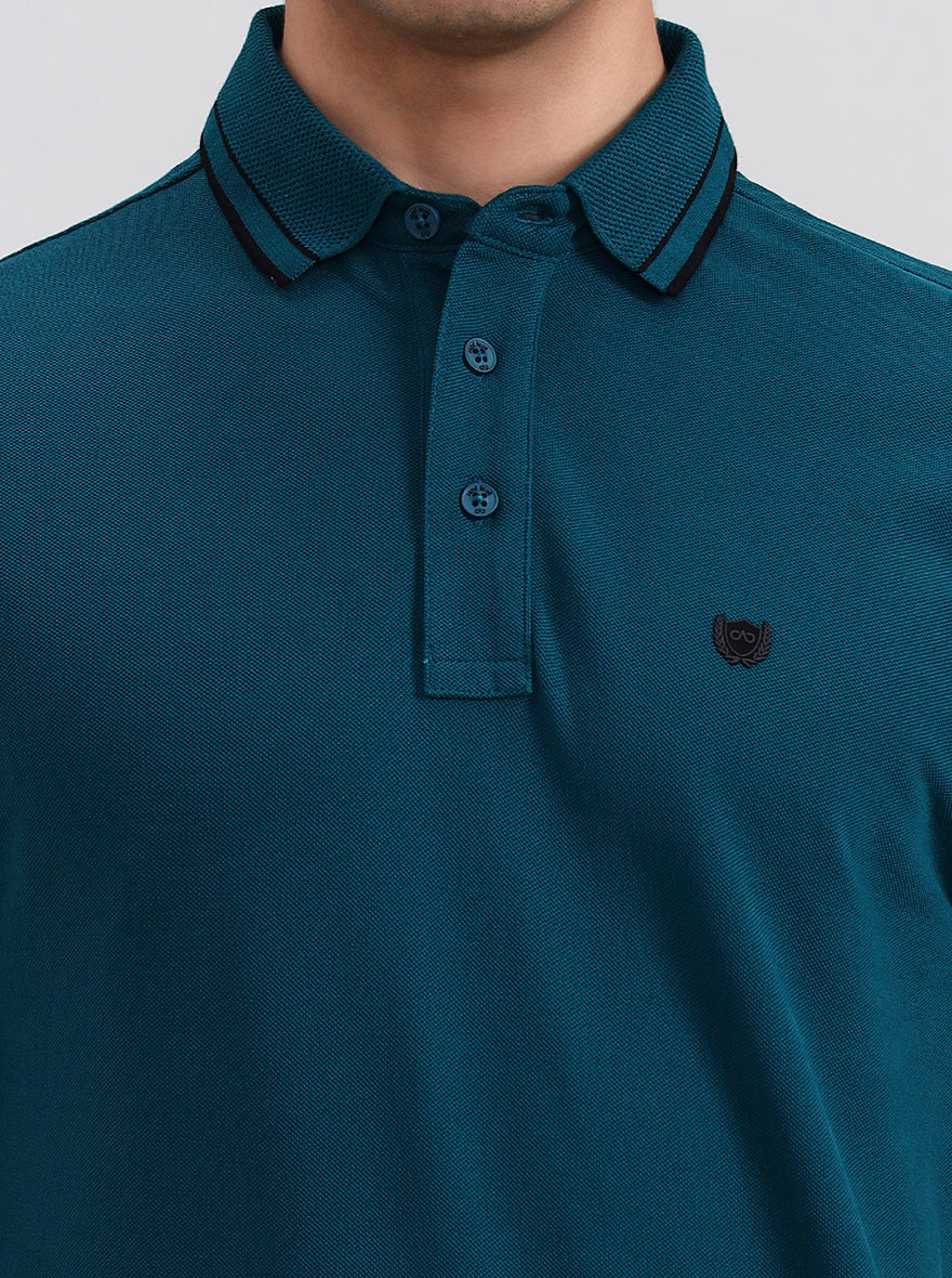 Teal Green Solid Slim Fit Polo T-Shirt | JadeBlue