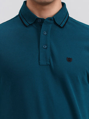 Teal Green Solid Slim Fit Polo T-Shirt | JadeBlue