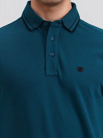 Teal Green Solid Slim Fit Polo T-Shirt | JadeBlue