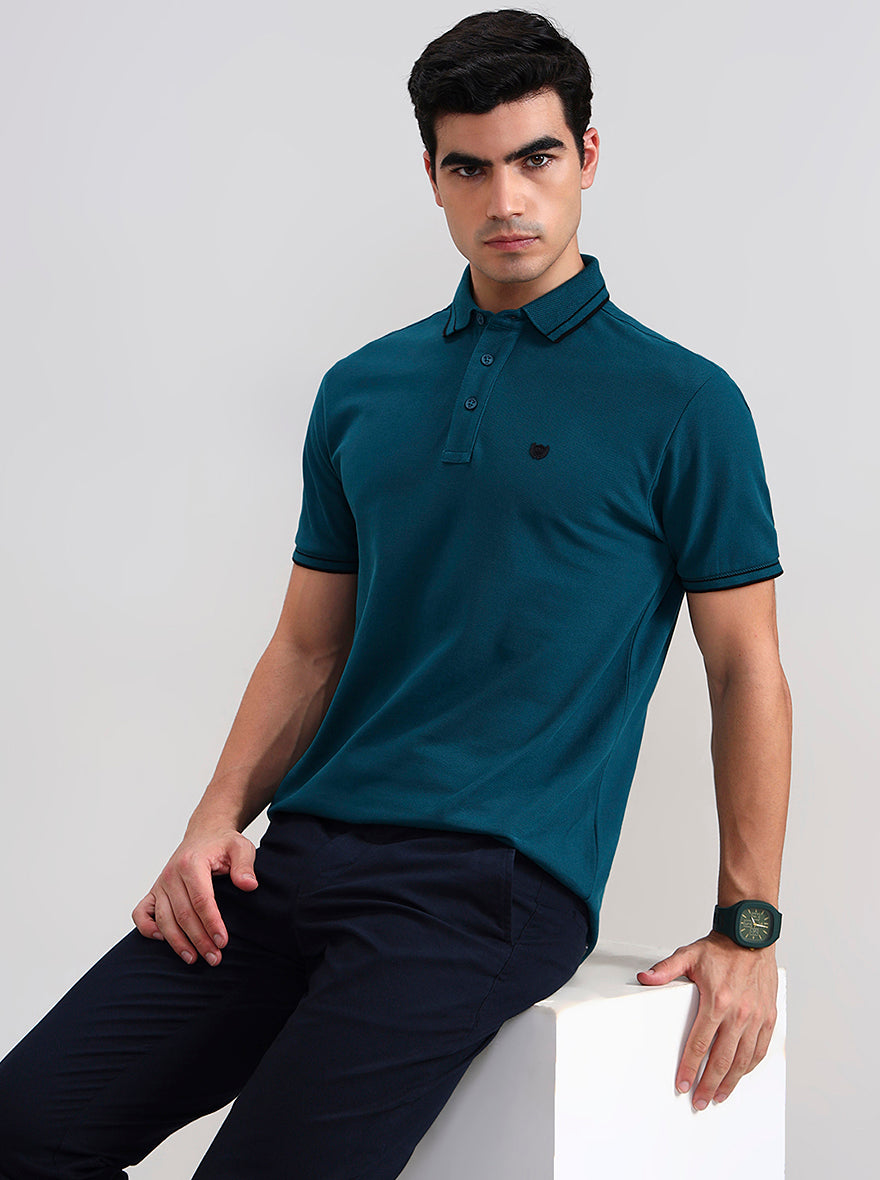 Teal Green Solid Slim Fit Polo T-Shirt | JadeBlue