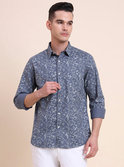 Blue Printed Slim Fit Casual Shirt | Greenfibre