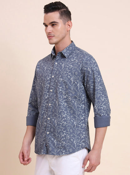 Blue Printed Slim Fit Casual Shirt | Greenfibre