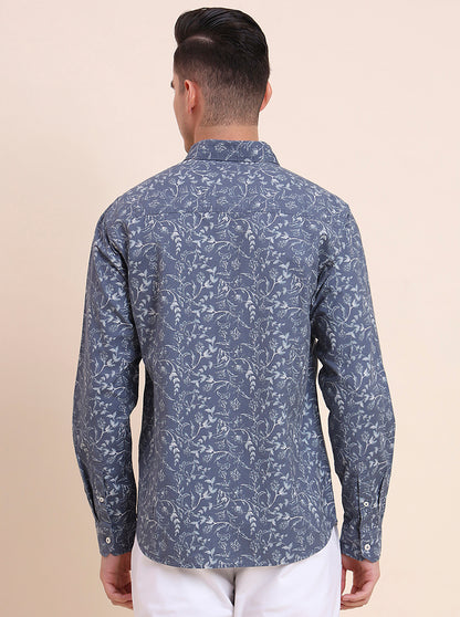 Blue Printed Slim Fit Casual Shirt | Greenfibre