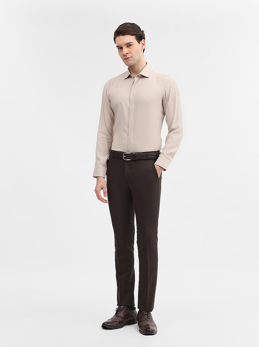 Dark Olive Solid Slim Fit Formal Trouser | Metal