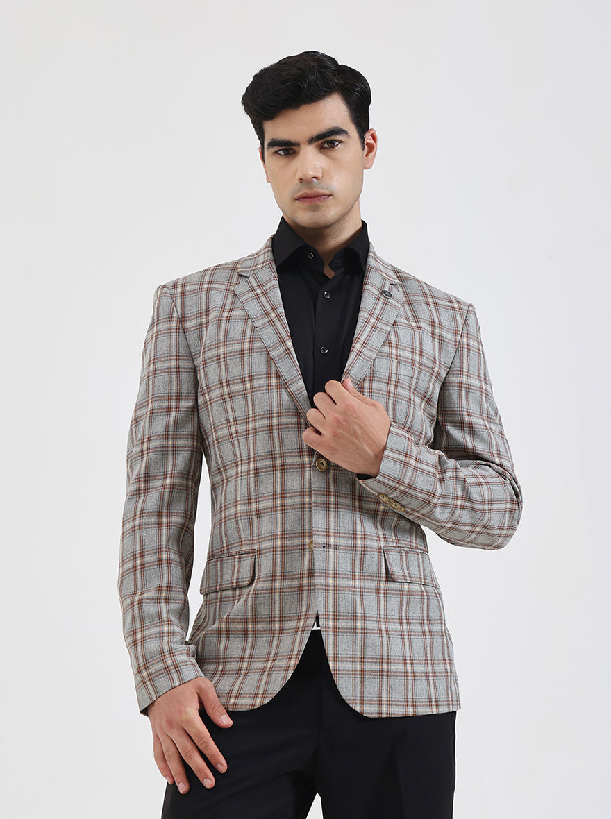 Brown Checked Regular Fit Blazer | JadeBlue