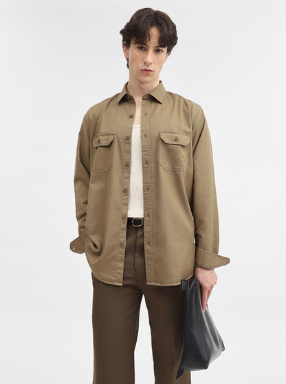 Khaki Solid Slim Fit Casual Shirt | JadeBlue