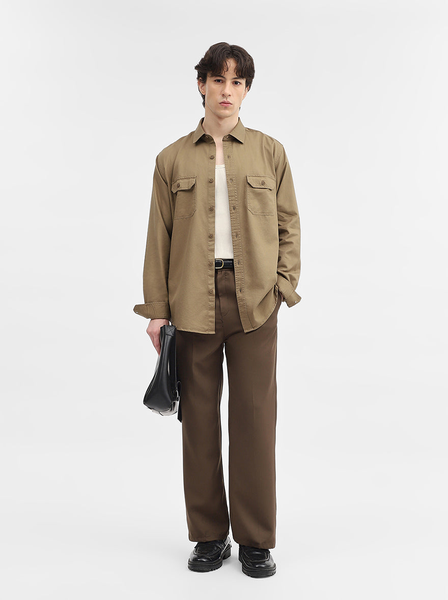 Khaki Solid Slim Fit Casual Shirt | JadeBlue