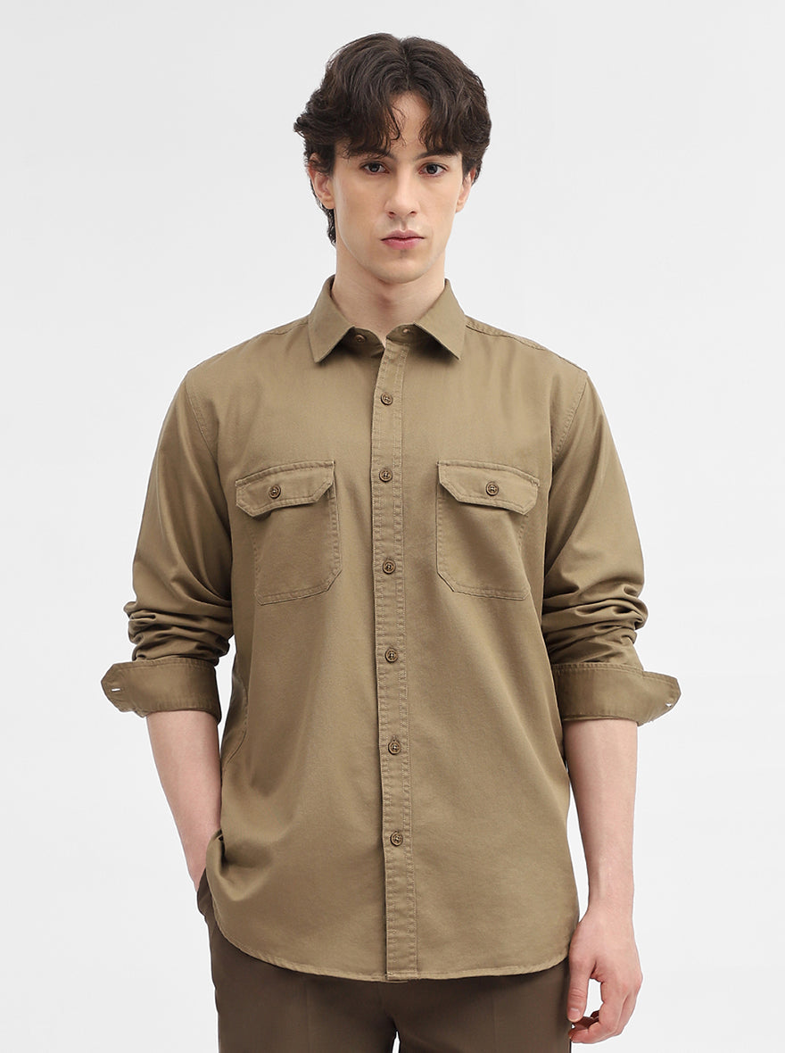 Khaki Solid Slim Fit Casual Shirt | JadeBlue