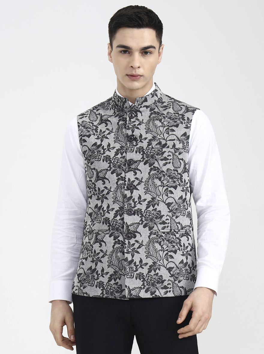Grey Printed Regular Fit Waistcoat | Wyre