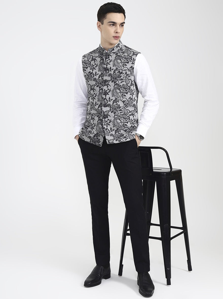 Grey Printed Regular Fit Waistcoat | Wyre