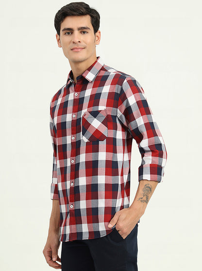 Red & White Checked Slim Fit Casual Shirt | Greenfibre