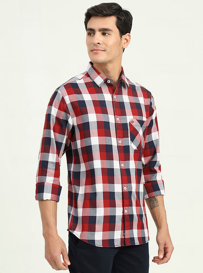 Red & White Checked Slim Fit Casual Shirt | Greenfibre