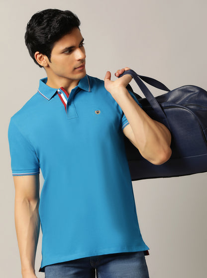 Blue Solid Slim Fit Polo T-Shirt | JadeBlue