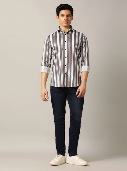 Grey Striped Slim Fit Party Wear Shirt | JB Studio