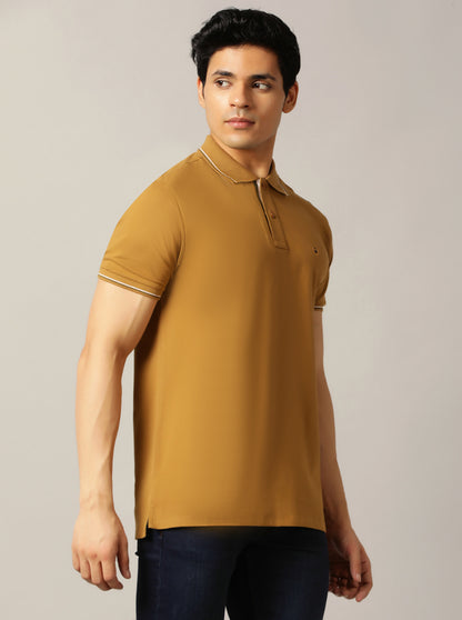 Khaki Solid Slim Fit Polo T-Shirt | JadeBlue