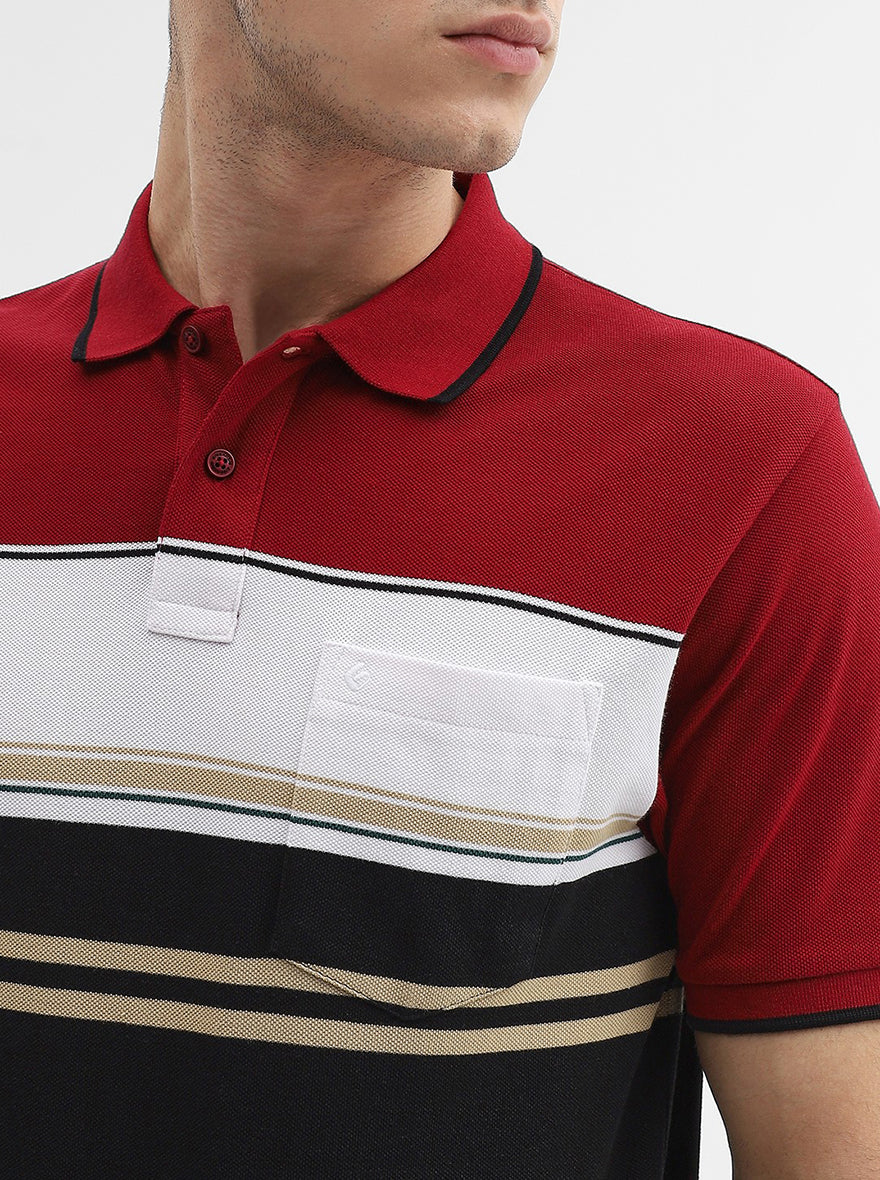 Red & Black Striped Slim Fit Polo T-Shirt | Greenfibre