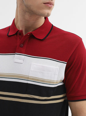 Red & Black Striped Slim Fit Polo T-Shirt | Greenfibre