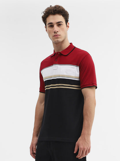 Red & Black Striped Slim Fit Polo T-Shirt | Greenfibre