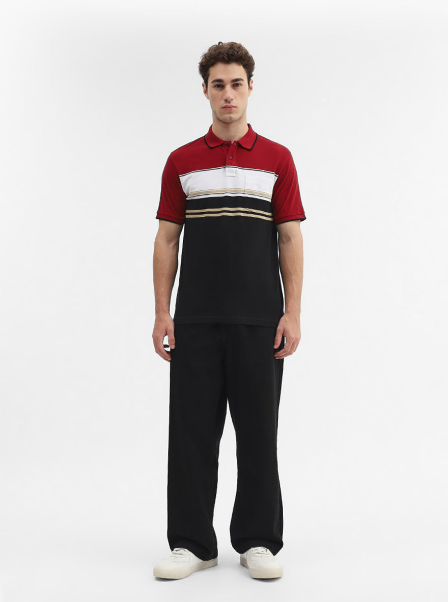 Red & Black Striped Slim Fit Polo T-Shirt | Greenfibre