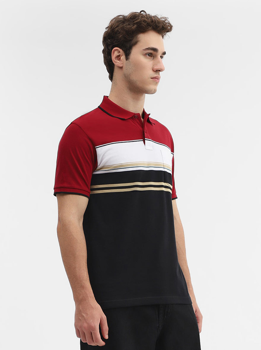 Red & Black Striped Slim Fit Polo T-Shirt | Greenfibre