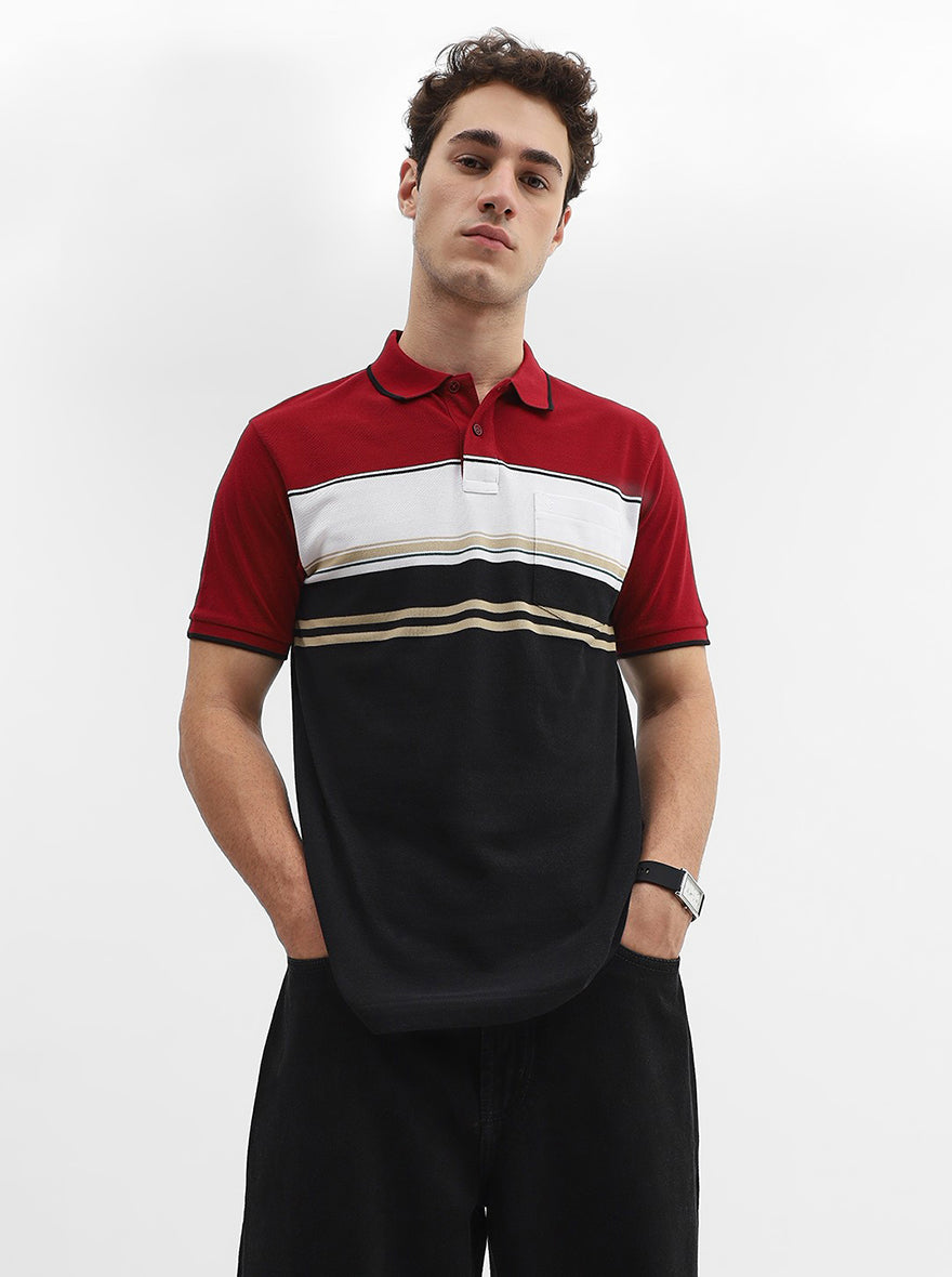 Red & Black Striped Slim Fit Polo T-Shirt | Greenfibre
