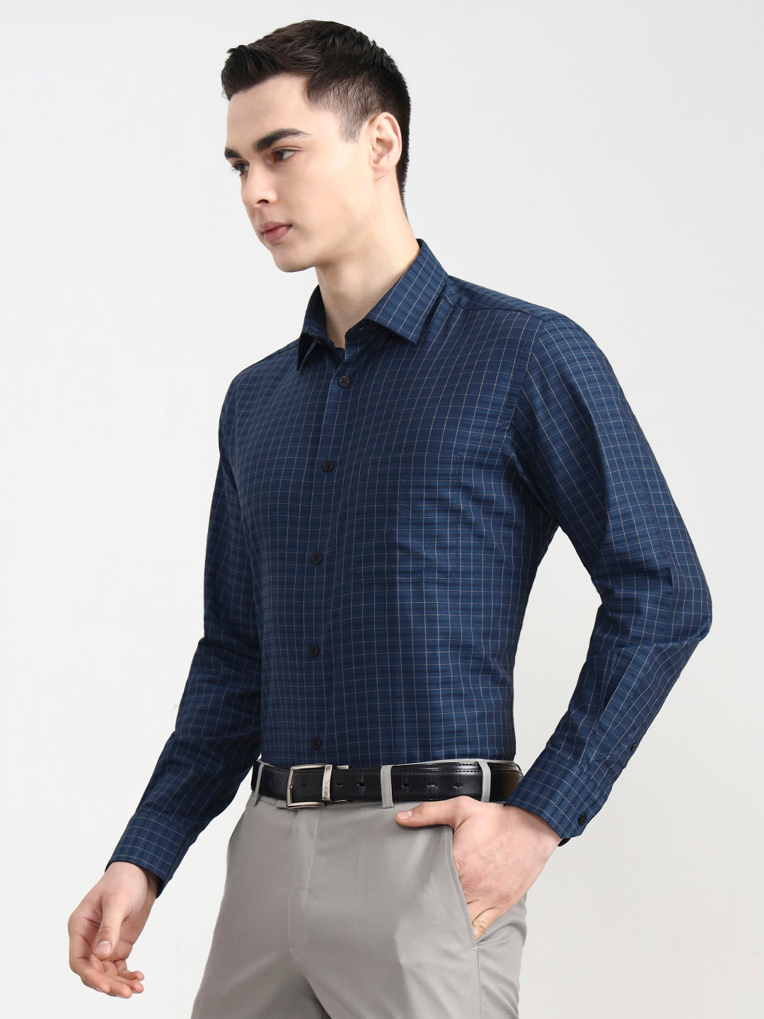 Raw Blue Checked Regular Fit Formal Shirt | JadeBlue