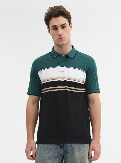 Green & Black Striped Slim Fit Polo T-Shirt | Greenfibre
