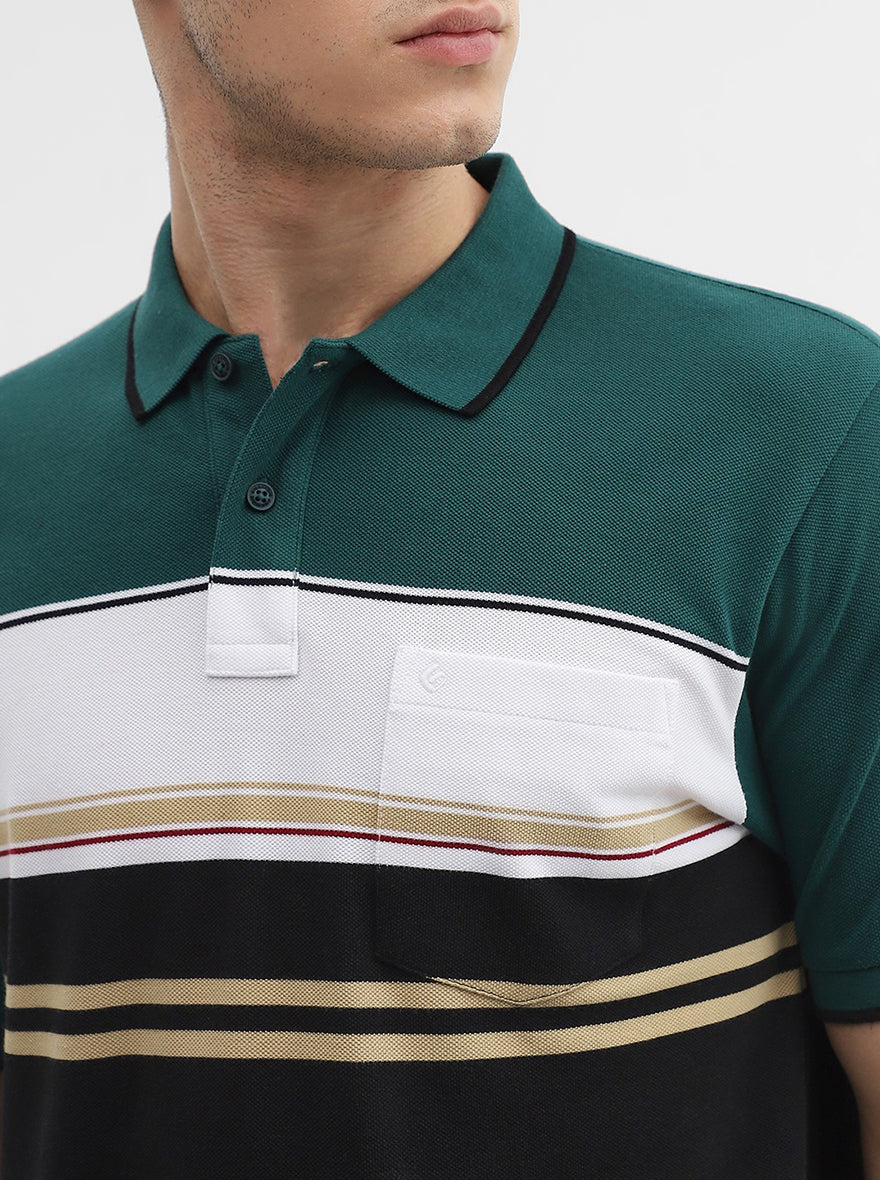 Green & Black Striped Slim Fit Polo T-Shirt | Greenfibre