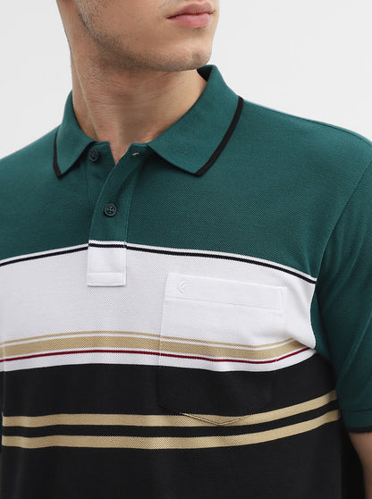 Green & Black Striped Slim Fit Polo T-Shirt | Greenfibre