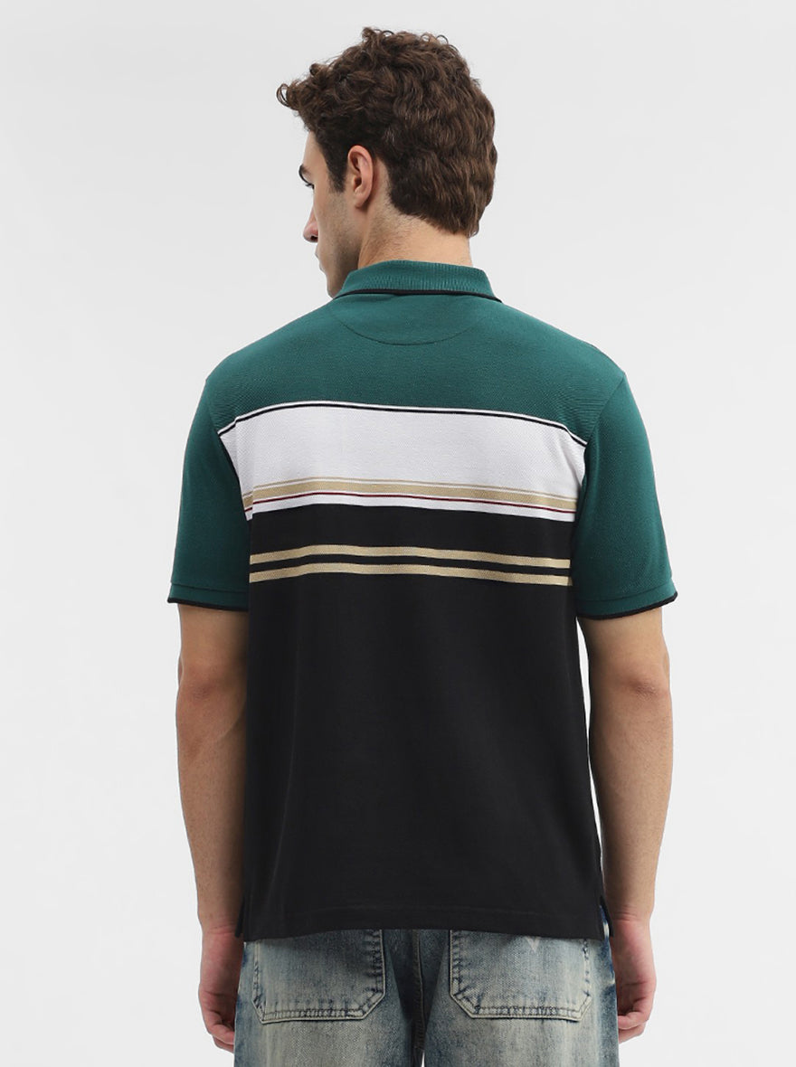 Green & Black Striped Slim Fit Polo T-Shirt | Greenfibre