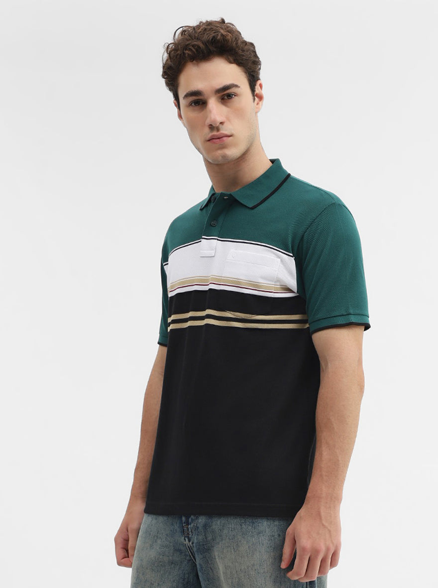 Green & Black Striped Slim Fit Polo T-Shirt | Greenfibre