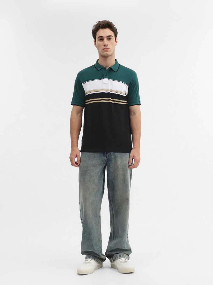 Green & Black Striped Slim Fit Polo T-Shirt | Greenfibre