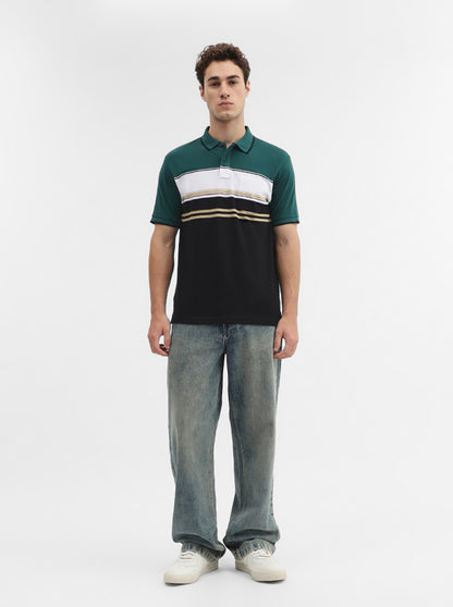 Green & Black Striped Slim Fit Polo T-Shirt | Greenfibre