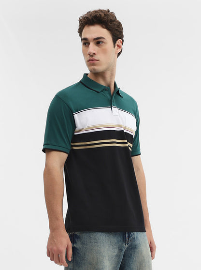 Green & Black Striped Slim Fit Polo T-Shirt | Greenfibre