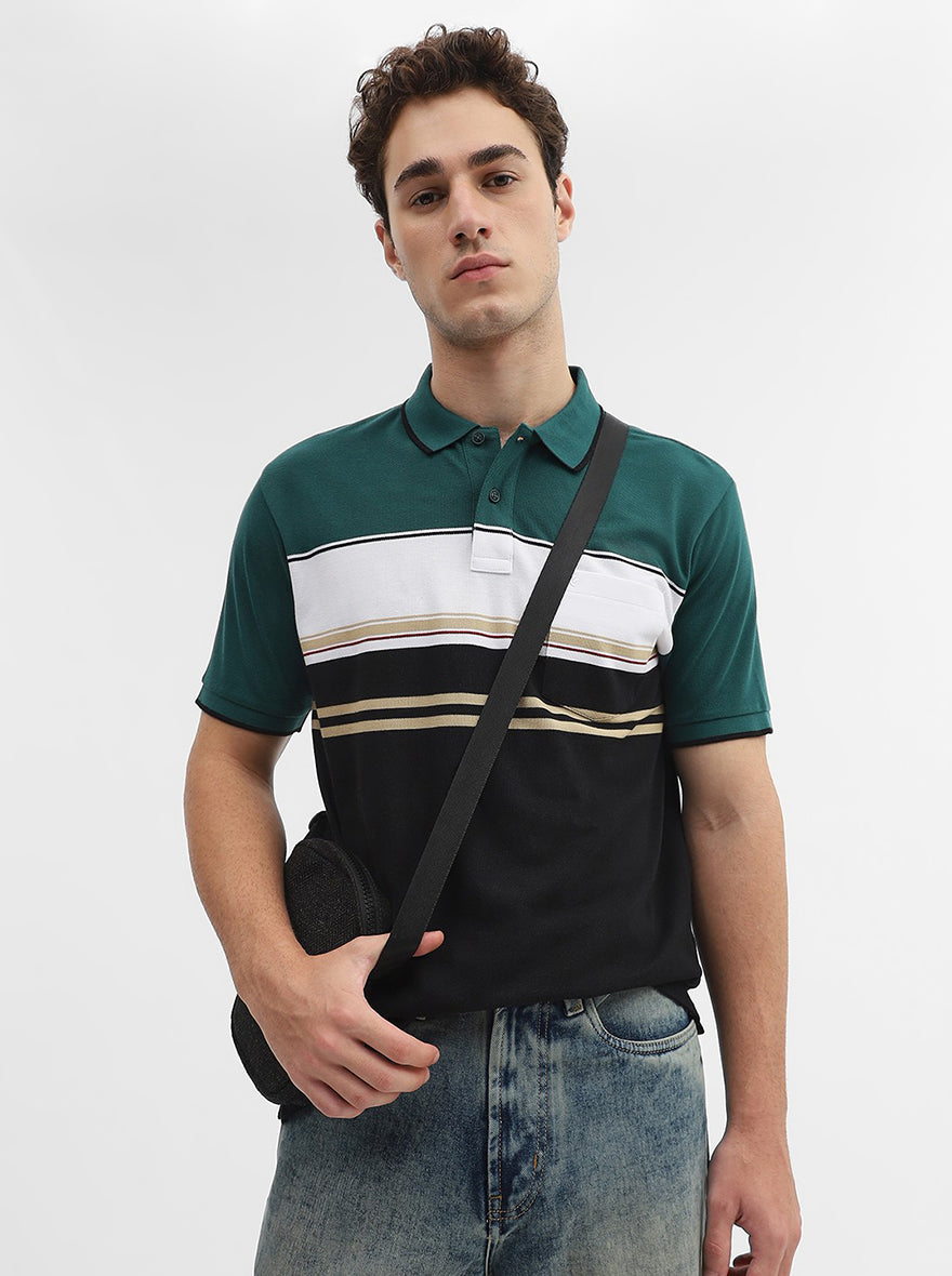 Green & Black Striped Slim Fit Polo T-Shirt | Greenfibre