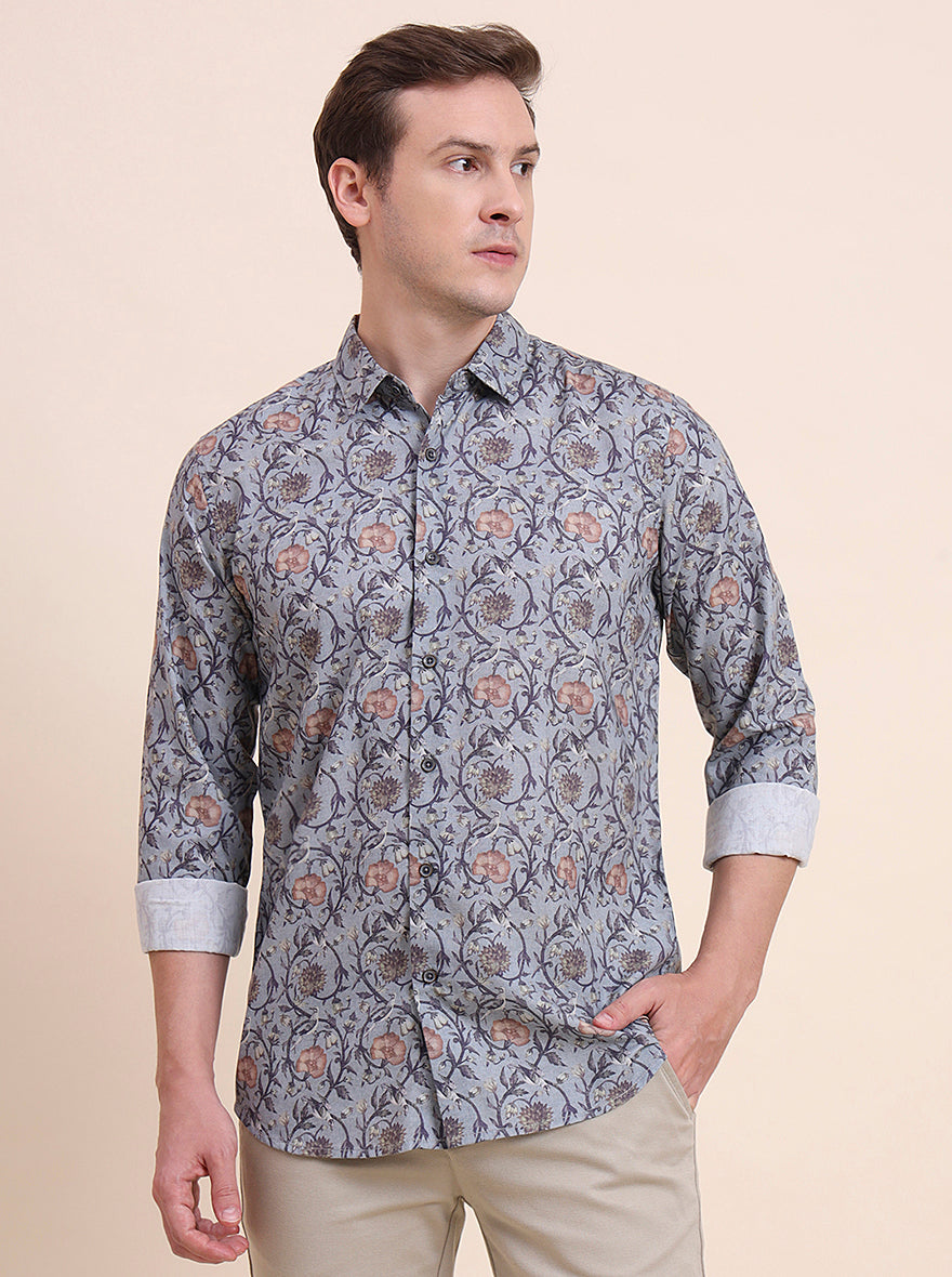 Grey Printed Slim Fit Casual Shirt | JadeBlue