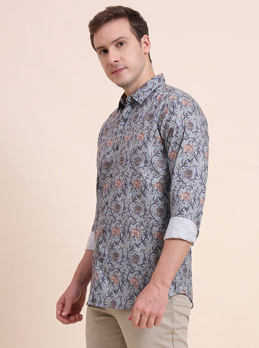 Grey Printed Slim Fit Casual Shirt | JadeBlue