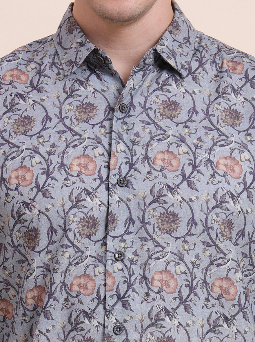 Grey Printed Slim Fit Casual Shirt | JadeBlue