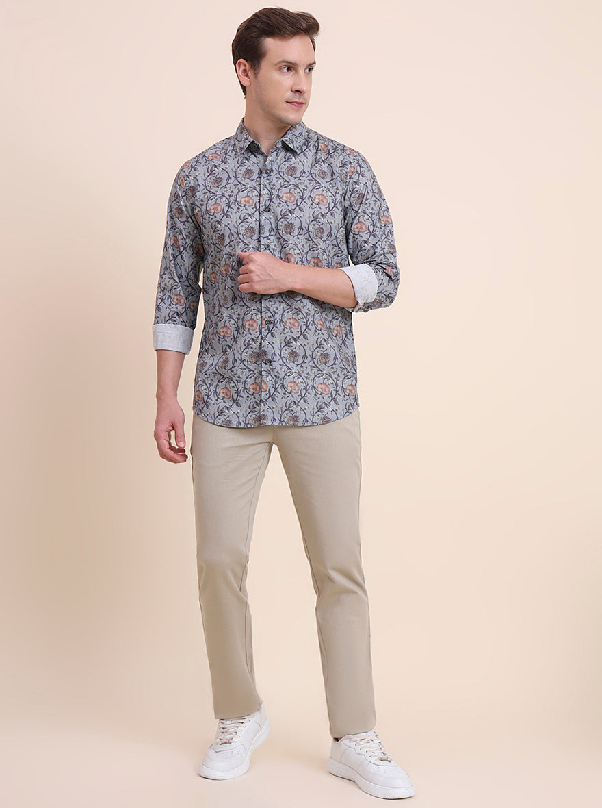 Grey Printed Slim Fit Casual Shirt | JadeBlue