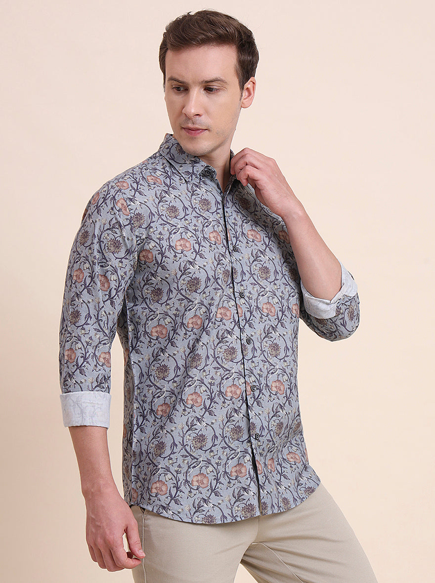 Grey Printed Slim Fit Casual Shirt | JadeBlue