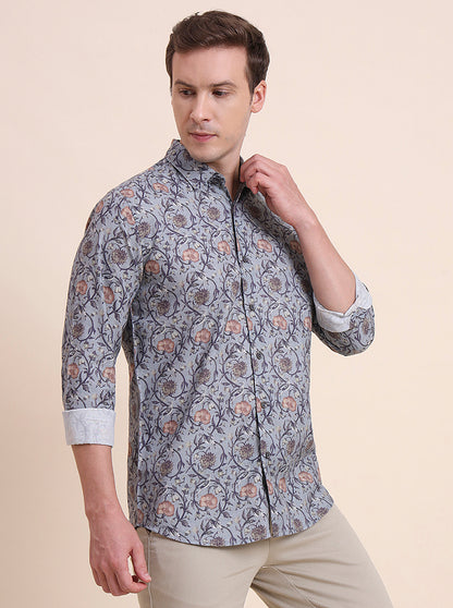 Grey Printed Slim Fit Casual Shirt | JadeBlue